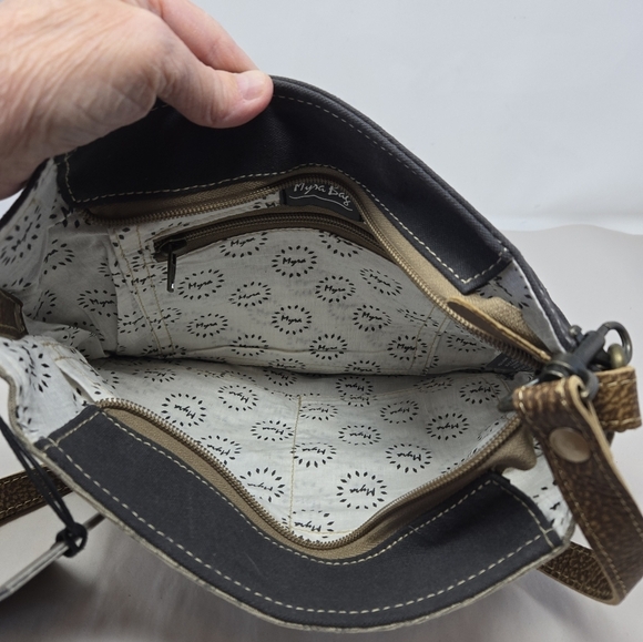 Myra Posy Shoulder Bag Floral Aged Canvas Leather-Cow Hair Vintage Look Adj. - Picture 9 of 10